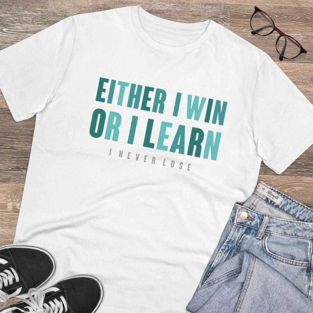 Amfyn Men's PC Cotton Either I Win Or I Learn Printed T Shirt (Color: White, Thread Count: 180GSM)