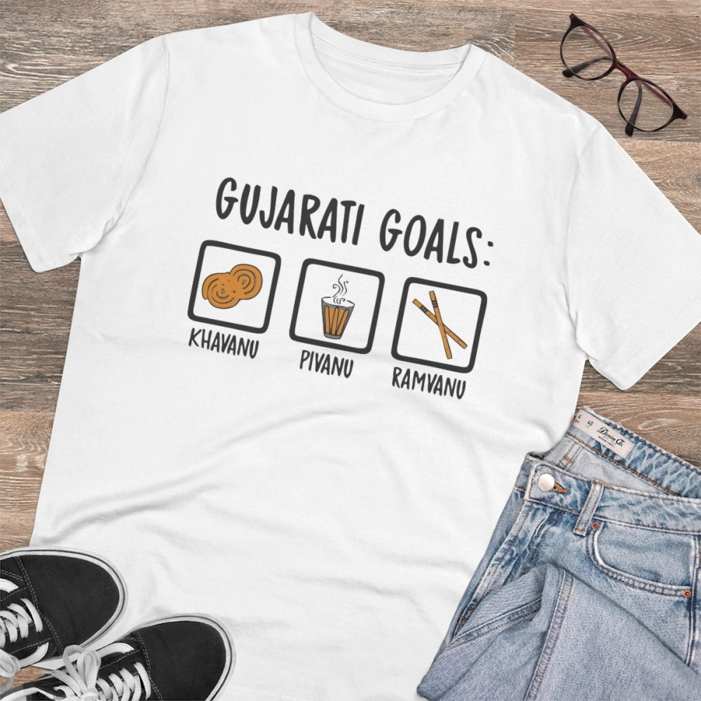 Amfyn Men's PC Cotton Gujarati Goals Printed T Shirt (Color: White, Thread Count: 180GSM)