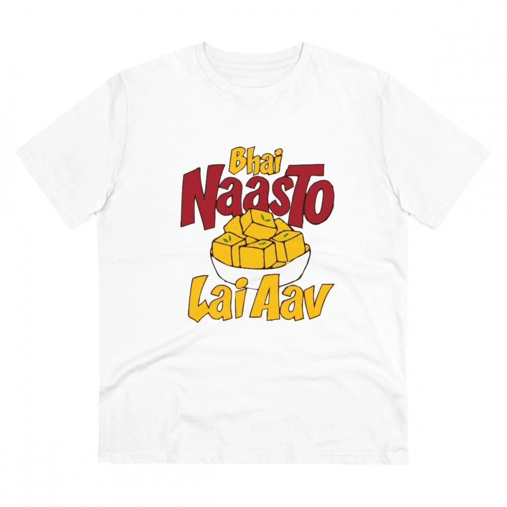 Amfyn Men's PC Cotton Bhai Nasto Lai Aav Printed T Shirt (Color: White, Thread Count: 180GSM)