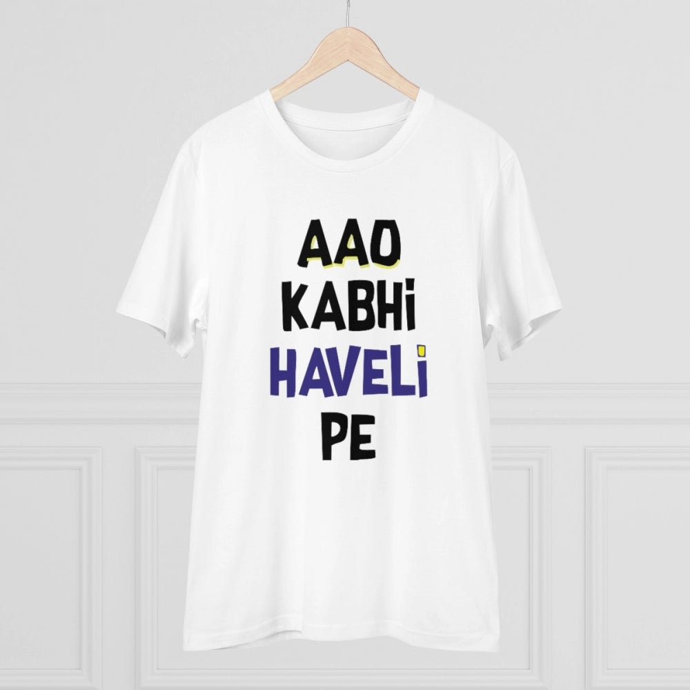 Amfyn Men's PC Cotton Aao Kabhi Haveli Pe Printed T Shirt (Color: White, Thread Count: 180GSM)