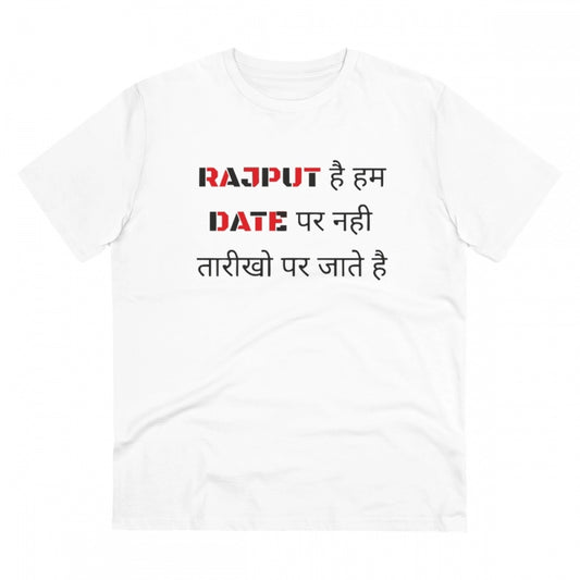 Amfyn Men's PC Cotton Rajput Hai Hum Date Par Nahi Tarikho Par Jate Hai Printed T Shirt (Color: White, Thread Count: 180GSM)