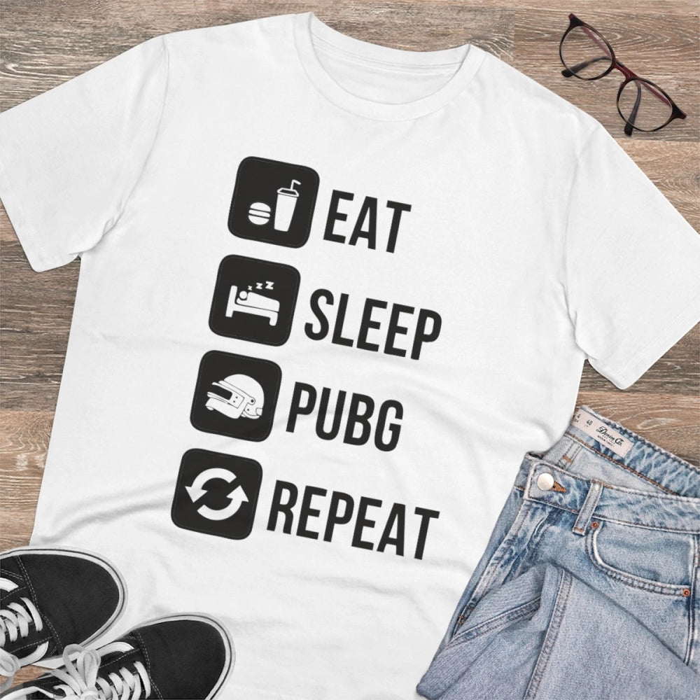 Amfyn Men's PC Cotton Eat Sleep Pubg Repeat Printed T Shirt (Color: White, Thread Count: 180GSM)