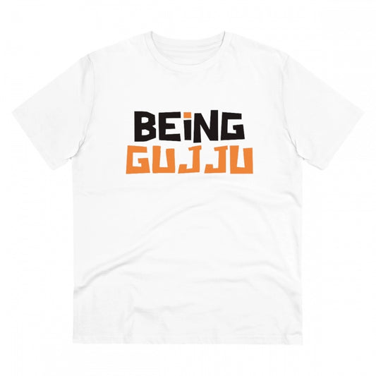 Amfyn Men's PC Cotton Being Gujju Printed T Shirt (Color: White, Thread Count: 180GSM)