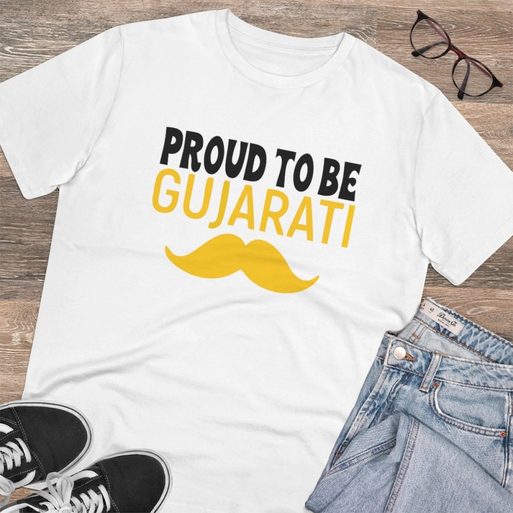 Amfyn Men's PC Cotton Proud To Be Gujarati Printed T Shirt (Color: White, Thread Count: 180GSM)