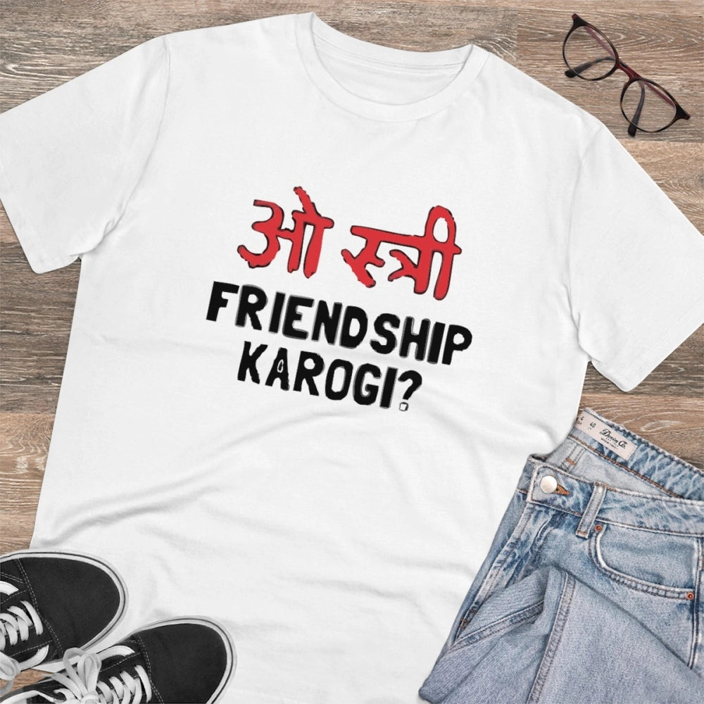 Amfyn Men's PC Cotton Oo Shtree Friendship Karogi Kya Printed T Shirt (Color: White, Thread Count: 180GSM)
