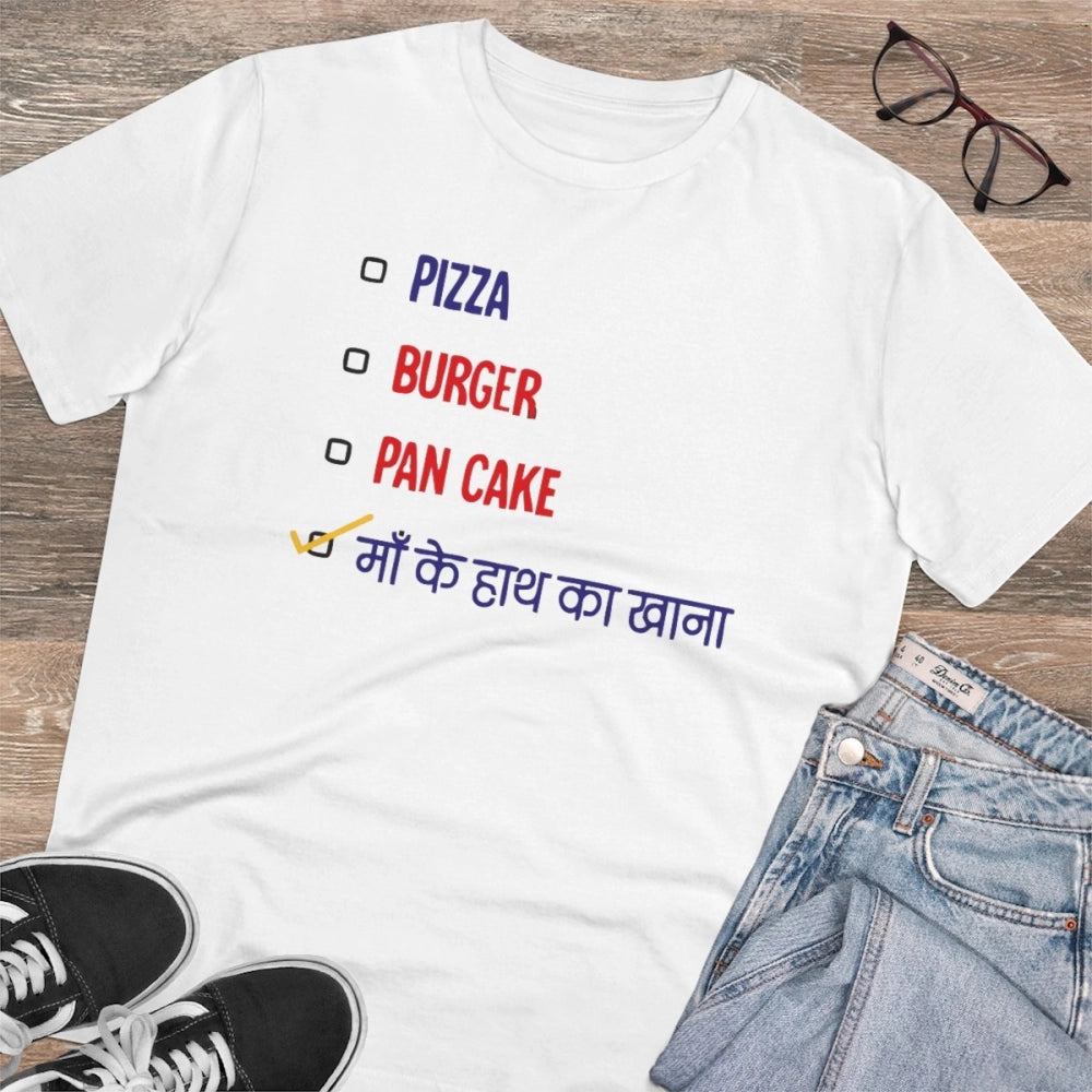 Amfyn Men's PC Cotton Pizza Burger Pan Cake Maa Ke Hath Ka Khana Printed T Shirt (Color: White, Thread Count: 180GSM)