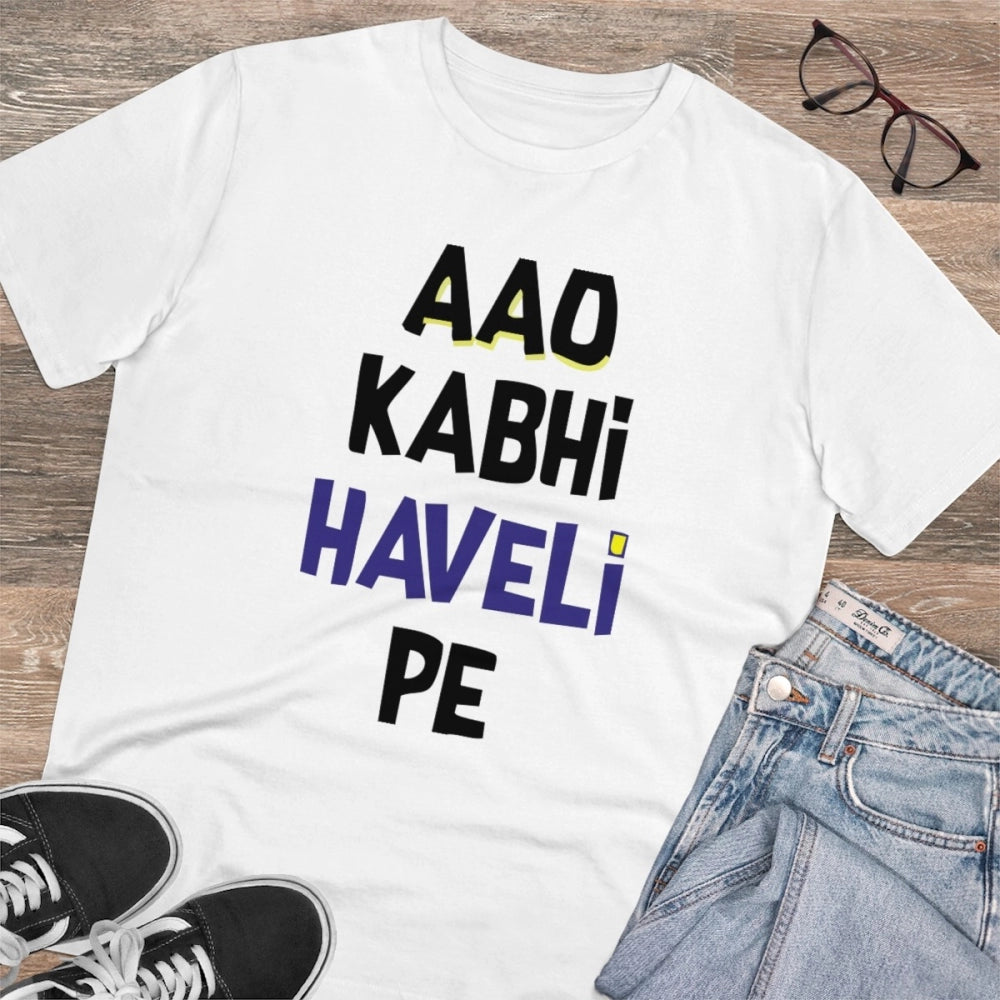 Amfyn Men's PC Cotton Aao Kabhi Haveli Pe Printed T Shirt (Color: White, Thread Count: 180GSM)