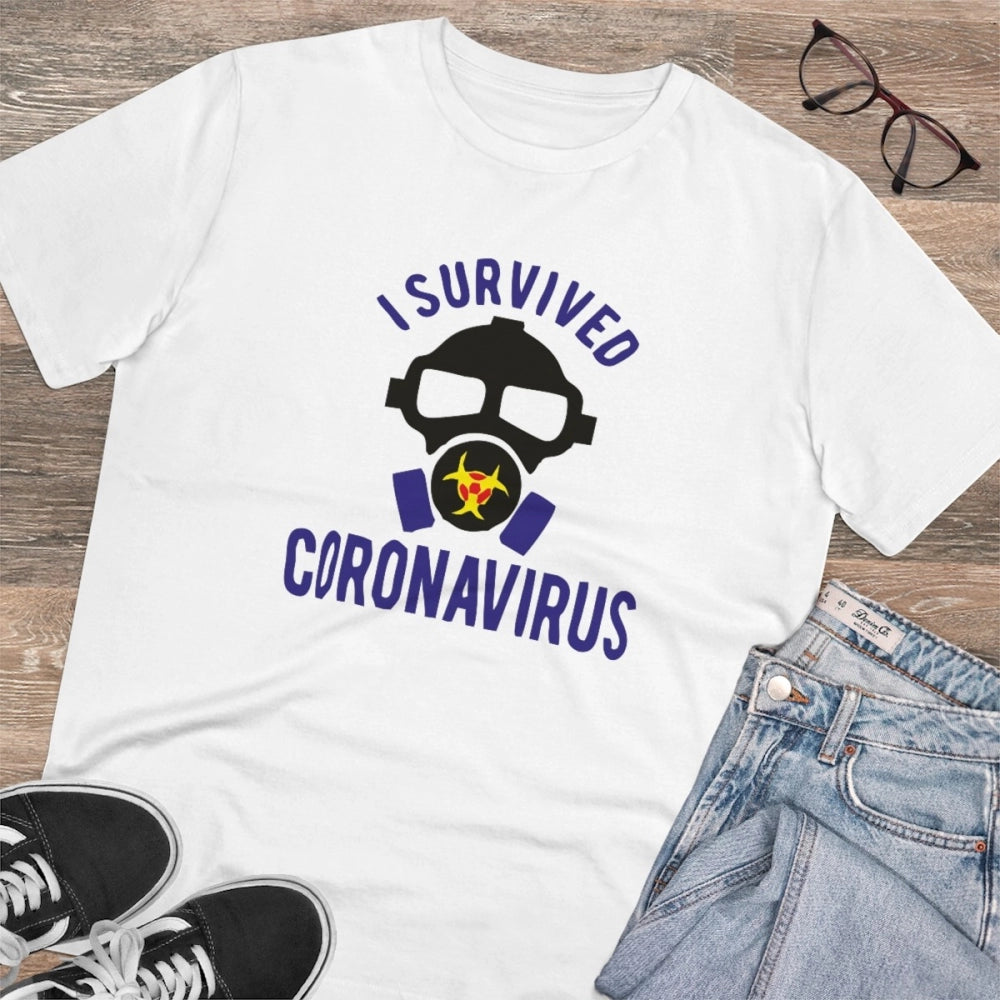 Amfyn Men's PC Cotton I Survived Coronavirus Printed T Shirt (Color: White, Thread Count: 180GSM)