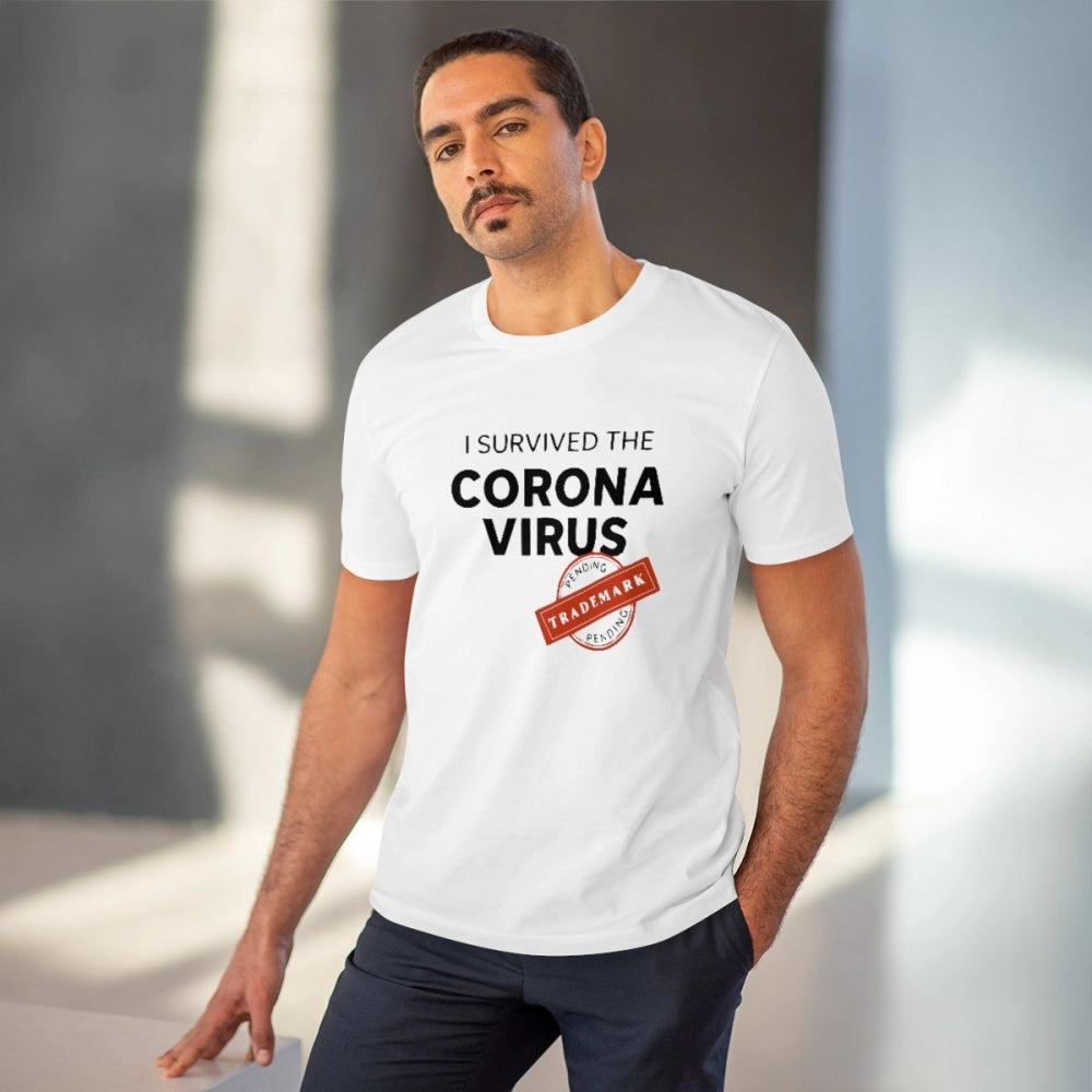 Amfyn Men's PC Cotton I Survived Corona Virus Printed T Shirt (Color: White, Thread Count: 180GSM)
