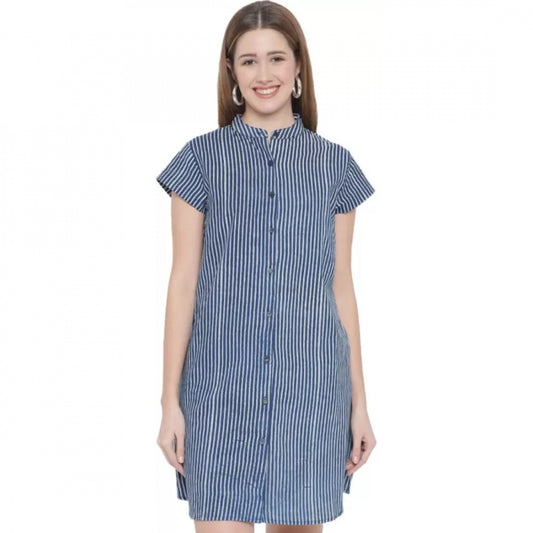 Amfyn Women's Shirt Blue Dress (Color:Blue, Material:Pure Cotton)