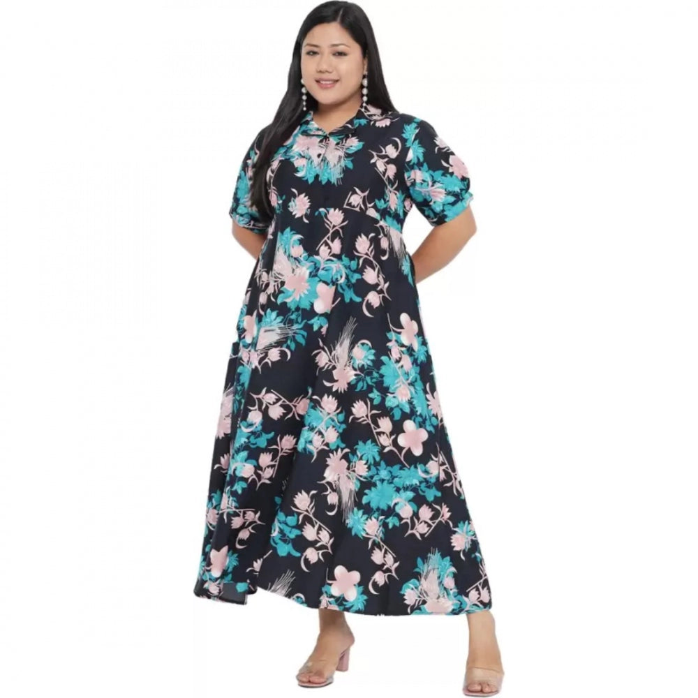 Amfyn Women's Fit And Flare Green Dress (Color:Navy Blue, Material:Polyester)