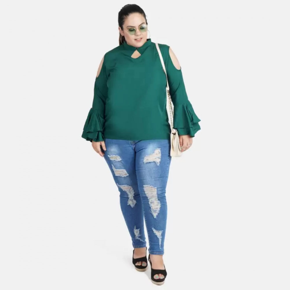 Amfyn Women's Casual Bell Sleeve Solid Green Top (Color:Green, Material:Crepe)
