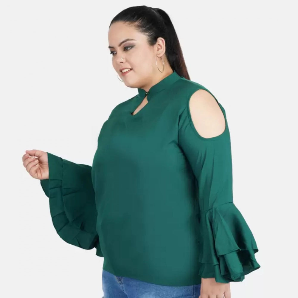 Amfyn Women's Casual Bell Sleeve Solid Green Top (Color:Green, Material:Crepe)