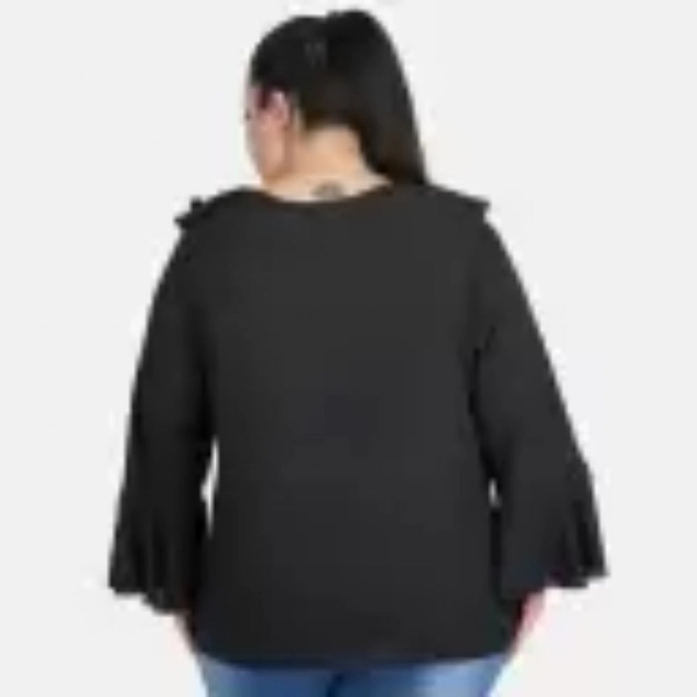 Amfyn Women's Casual Bell Sleeve Solid Black Top (Color:Black, Material:Georgette)