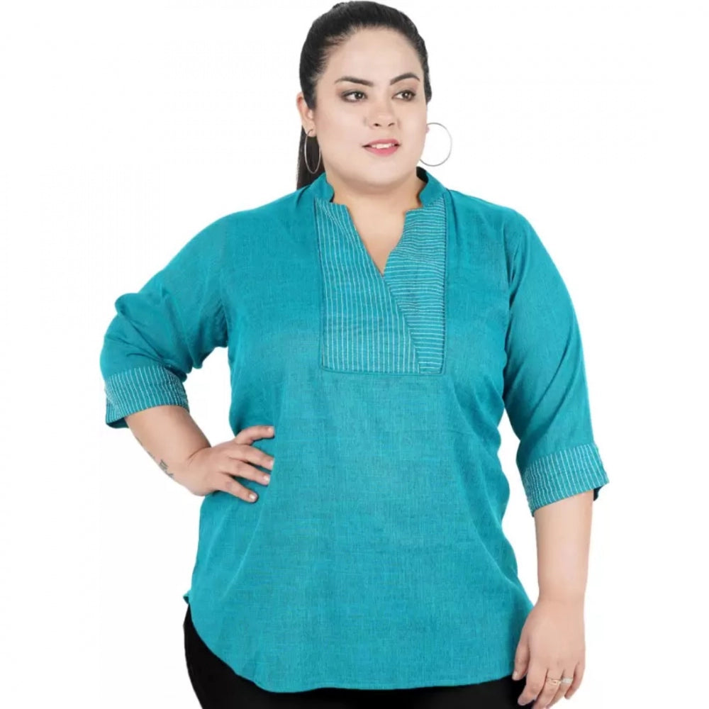 Amfyn Women's Casual Three Fourth Sleeve Embroidered Light Green Top (Color:Light Blue, Material:Cotton Linen Blend)