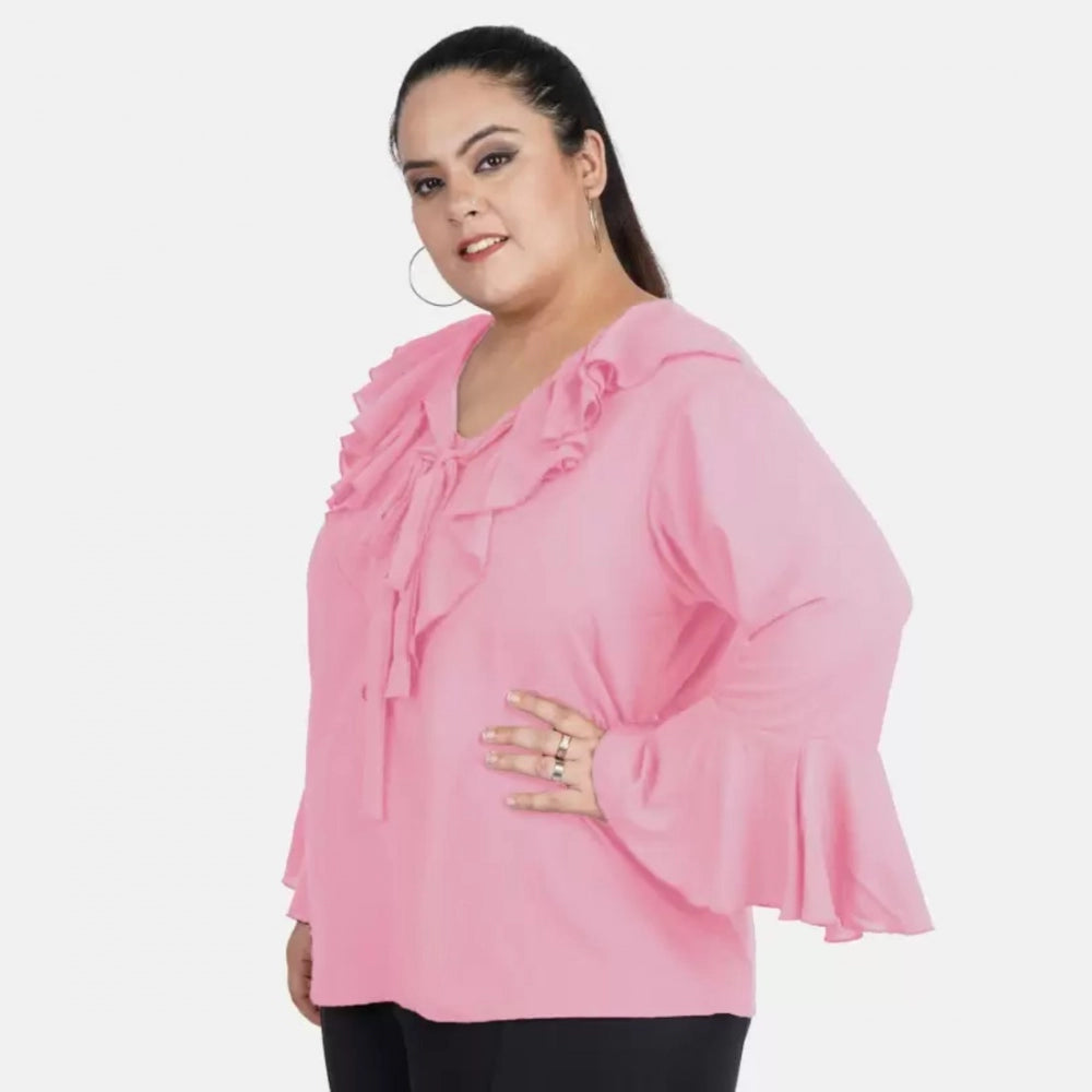 Amfyn Women's Casual Bell Sleeve Solid Pink Top (Color:Pink, Material:Georgette)