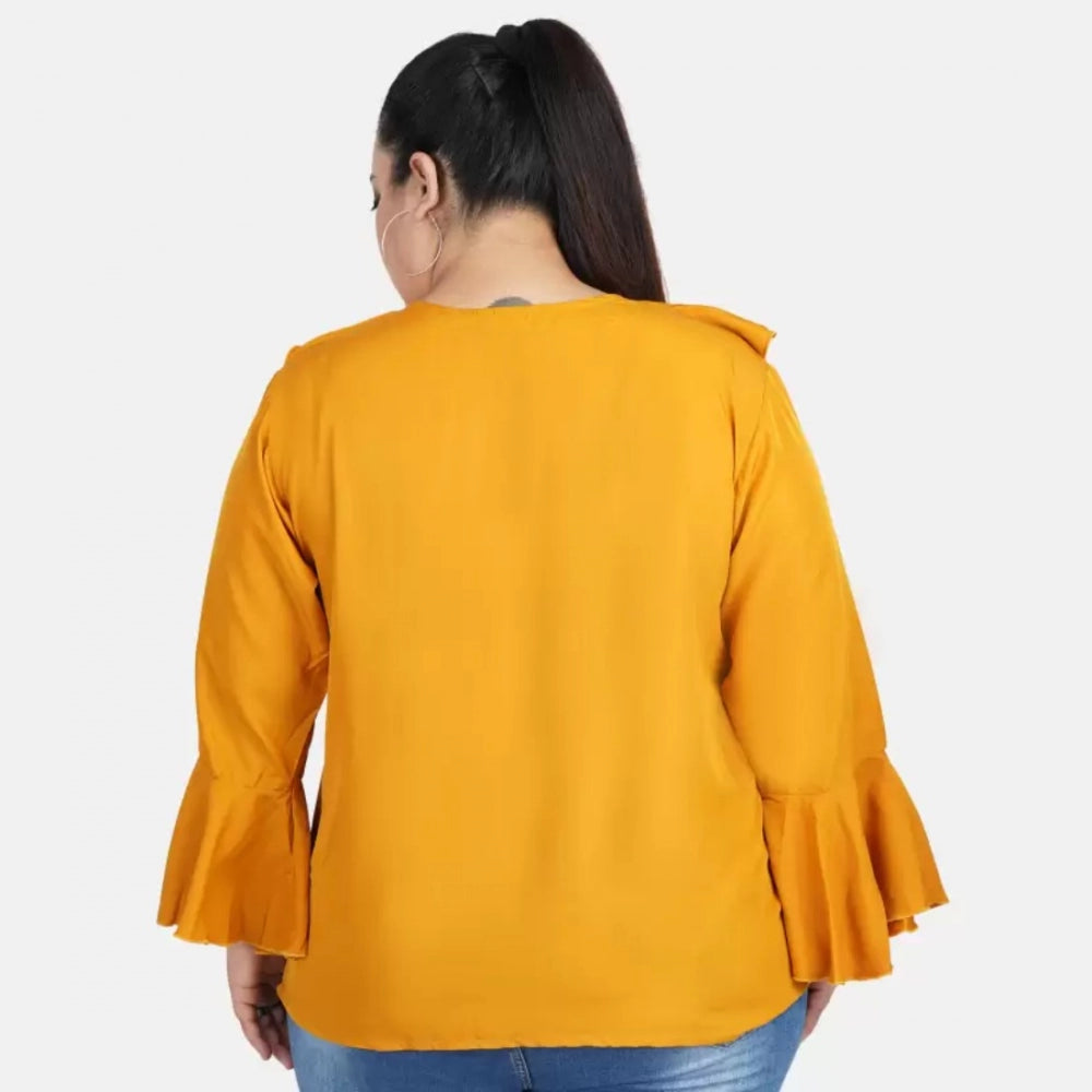 Amfyn Women's Casual Bell Sleeve Solid Yellow Top (Color:Yellow, Material:Georgette)