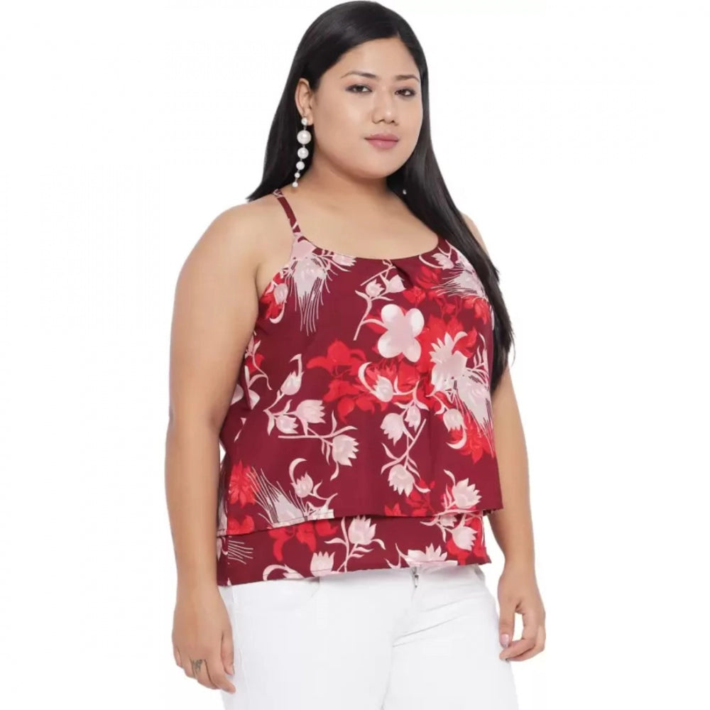 Amfyn Women's Casual Floral Print Red Top (Color:Red, Material:Polyester)