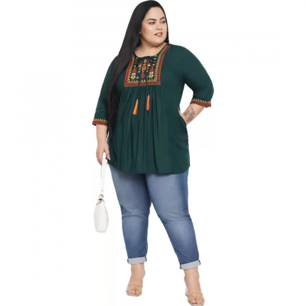Amfyn Women's Casual Embroidered Dark Green Top (Color:Dark Green, Material:Rayon)