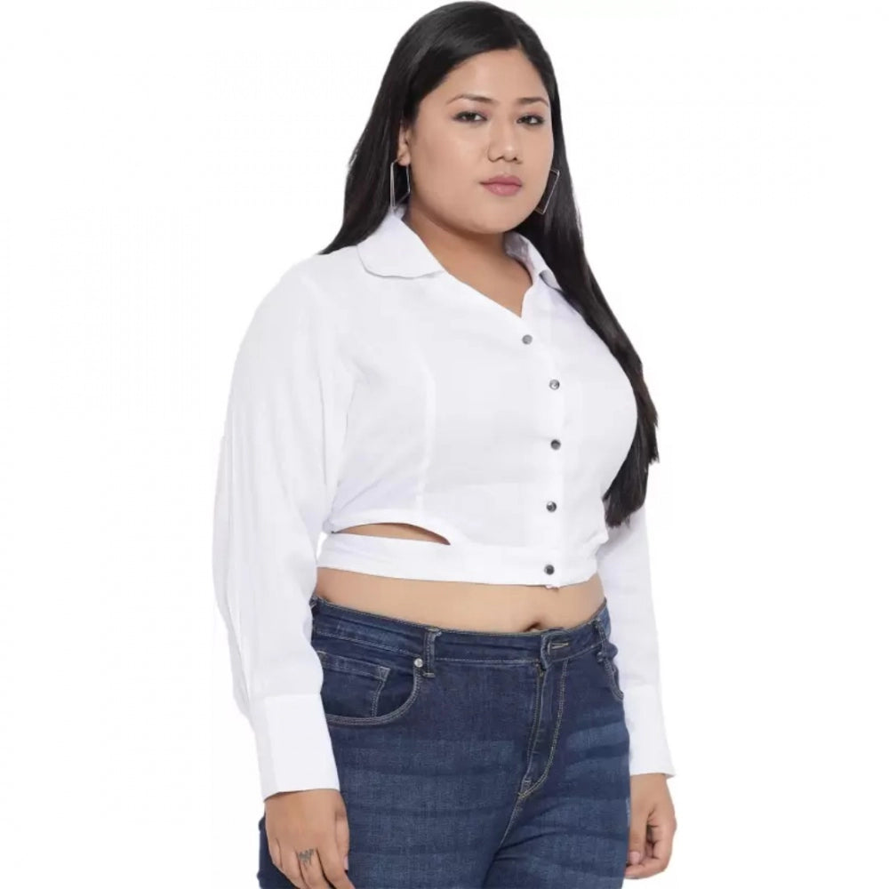 Amfyn Women's Casual Solid White Top (Color:White, Material:Cotton Linen Blend)