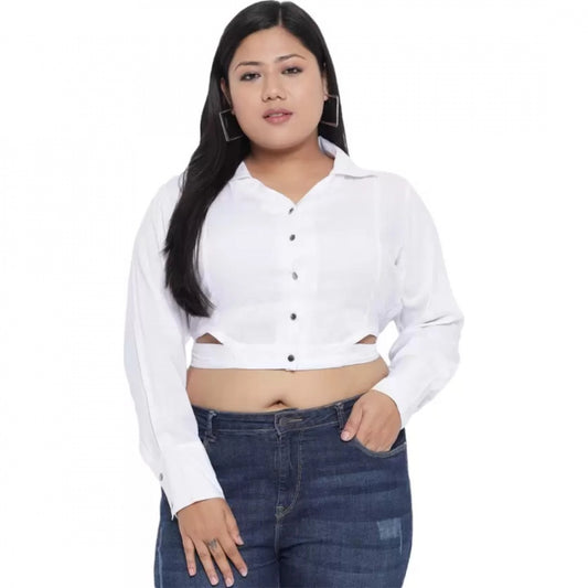 Amfyn Women's Casual Solid White Top (Color:White, Material:Cotton Linen Blend)