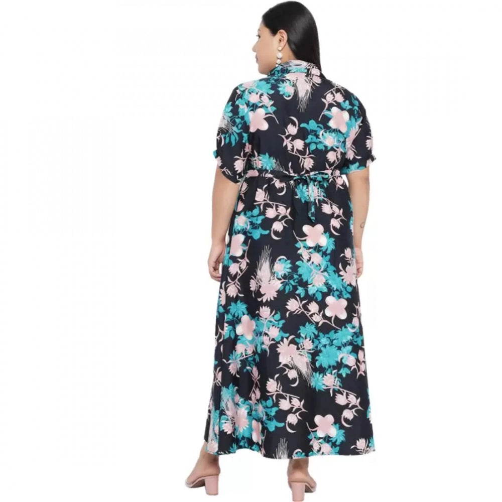 Amfyn Women's Fit And Flare Green Dress (Color:Navy Blue, Material:Polyester)