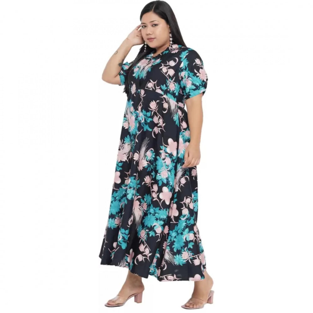 Amfyn Women's Fit And Flare Green Dress (Color:Navy Blue, Material:Polyester)