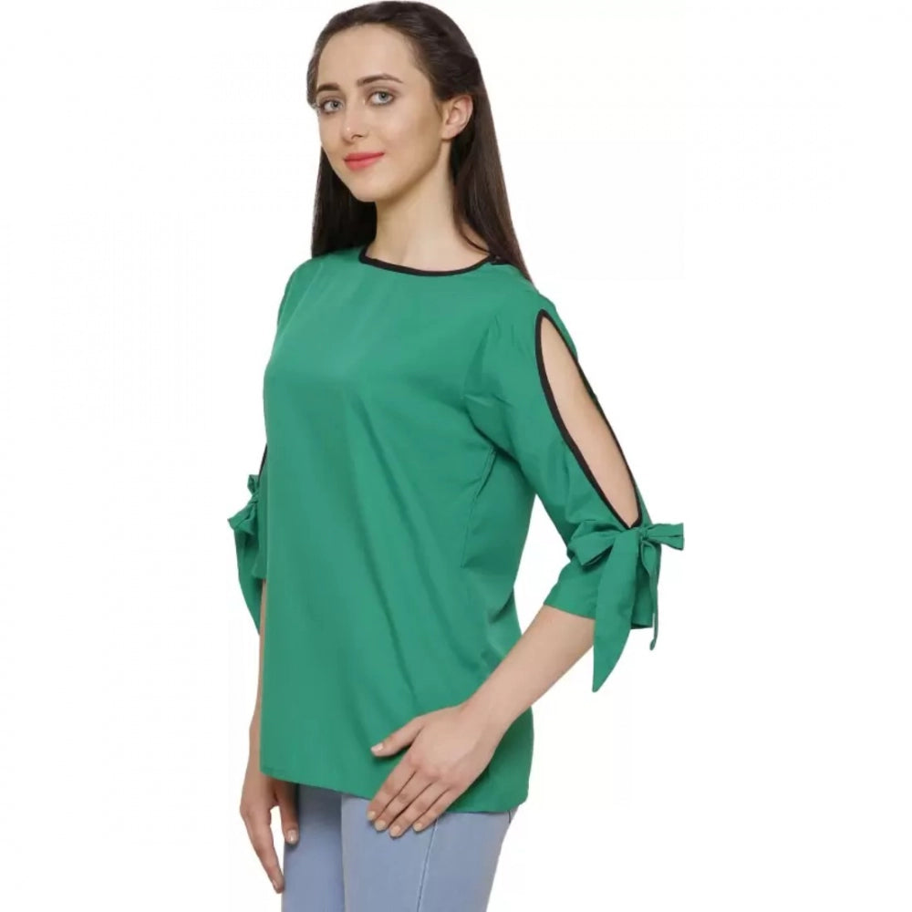 Amfyn Women's Casual Slit Sleeve Solid Green Top (Color:Green, Material:Poly Crepe)