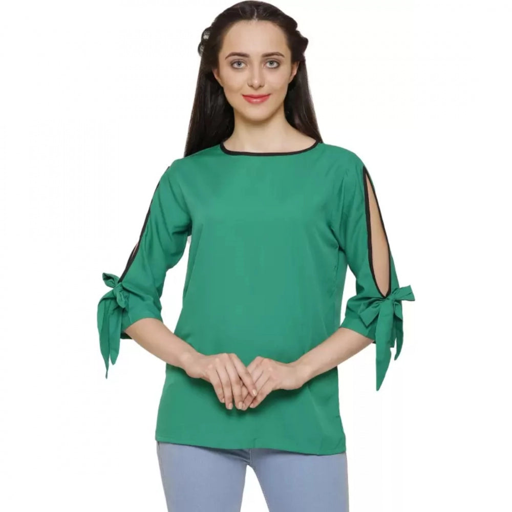 Amfyn Women's Casual Slit Sleeve Solid Green Top (Color:Green, Material:Poly Crepe)