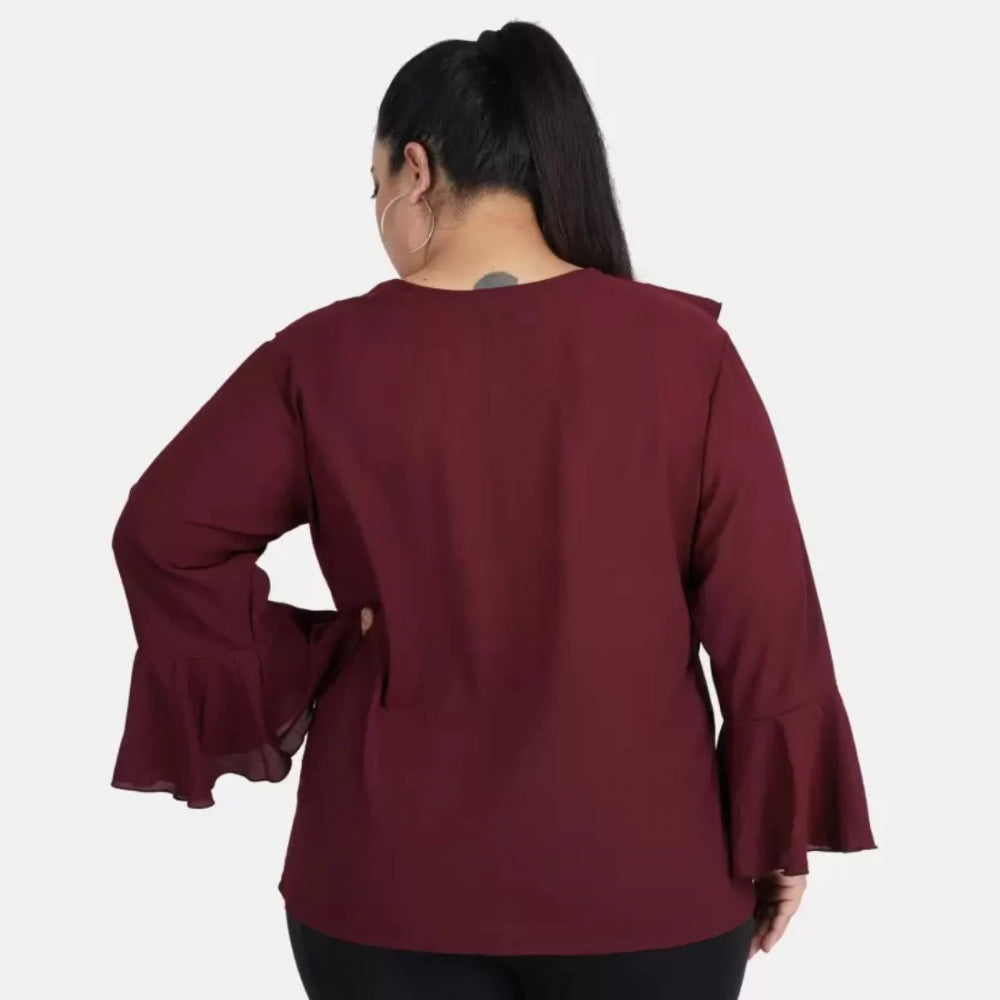 Amfyn Women's Casual Bell Sleeve Solid Maroon Top (Color:Maroon, Material:Georgette)