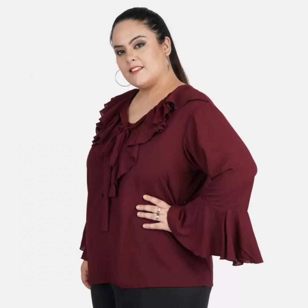 Amfyn Women's Casual Bell Sleeve Solid Maroon Top (Color:Maroon, Material:Georgette)