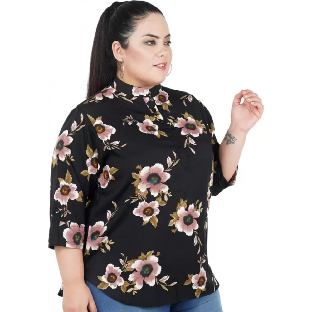 Amfyn Women's Casual Three Fourth Sleeve Printed Black Top (Color:Black, Material:Poly Crepe)