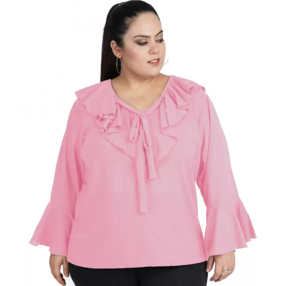 Amfyn Women's Casual Bell Sleeve Solid Pink Top (Color:Pink, Material:Georgette)