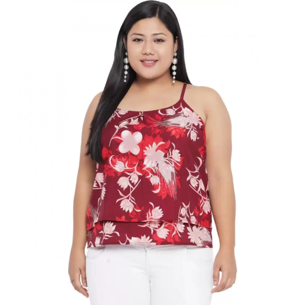 Amfyn Women's Casual Floral Print Red Top (Color:Red, Material:Polyester)