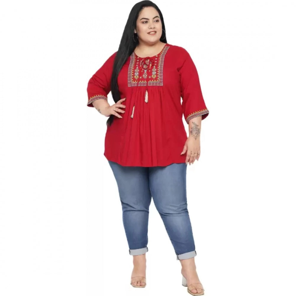 Amfyn Women's Casual Embroidered Maroon Top (Color:Maroon, Material:Rayon)