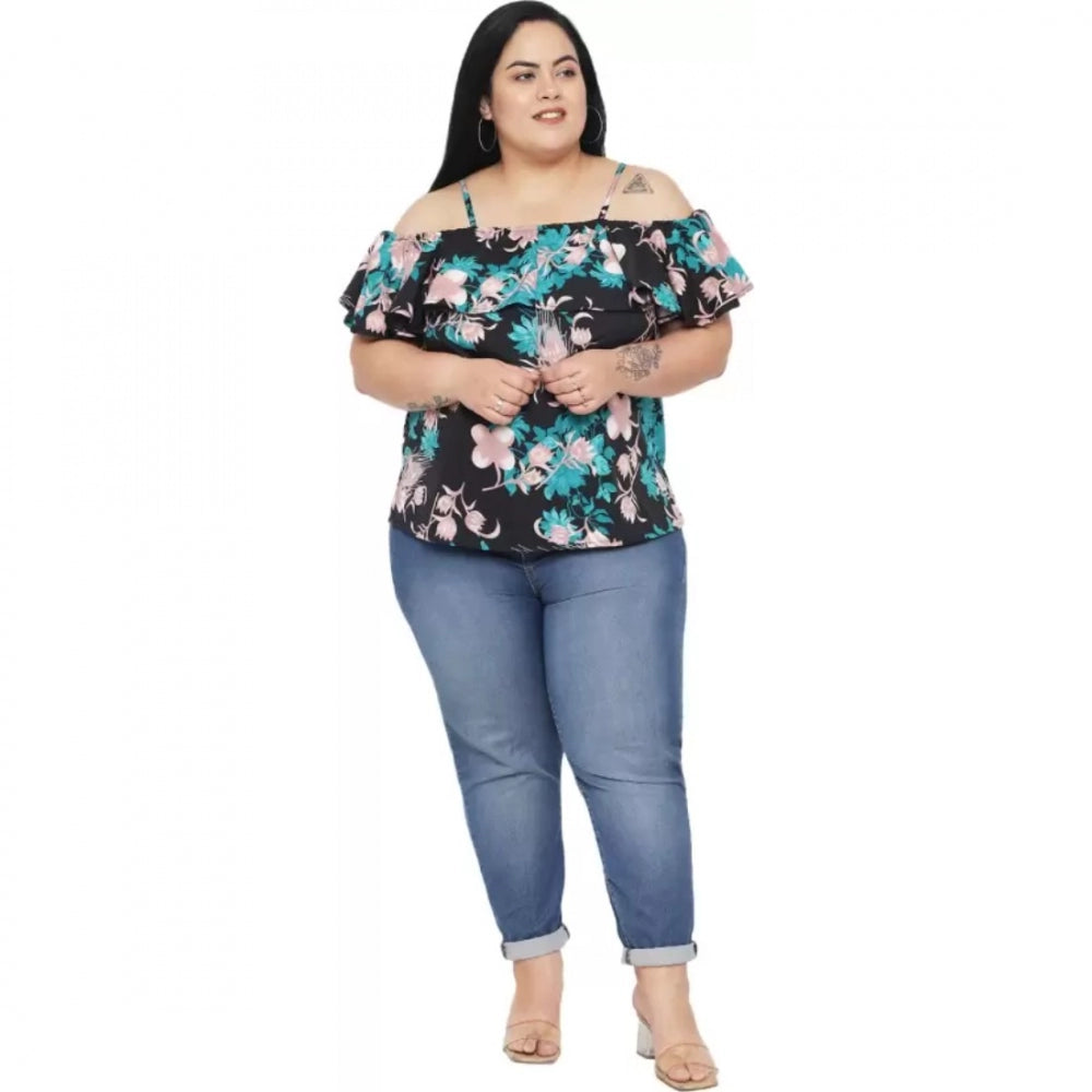 Amfyn Women's Casual Floral Print Black Top (Color:Black, Material:Polyester)