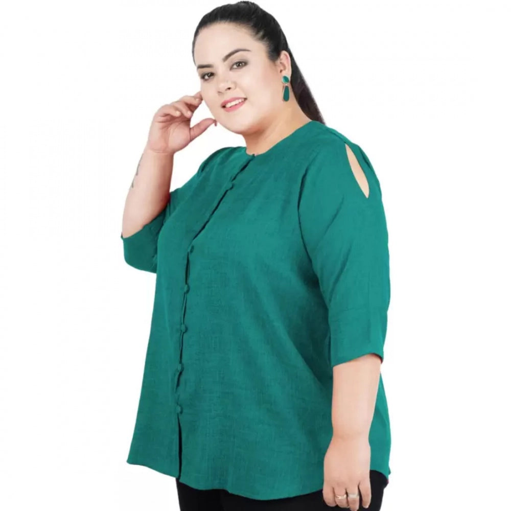 Amfyn Women's Casual Solid Green Top (Color:Green, Material:Cotton Linen Blend)