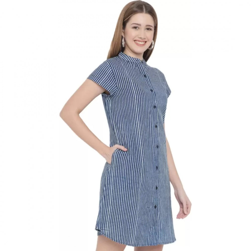 Amfyn Women's Shirt Blue Dress (Color:Blue, Material:Pure Cotton)