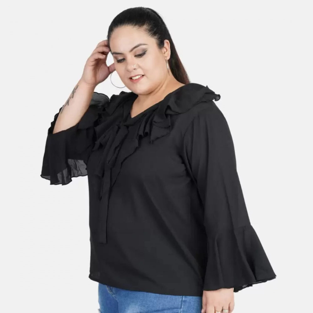 Amfyn Women's Casual Bell Sleeve Solid Black Top (Color:Black, Material:Georgette)