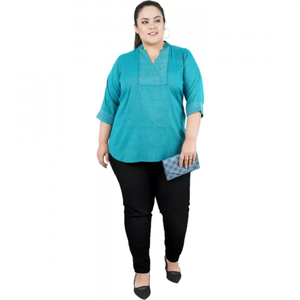 Amfyn Women's Casual Three Fourth Sleeve Embroidered Light Green Top (Color:Light Blue, Material:Cotton Linen Blend)