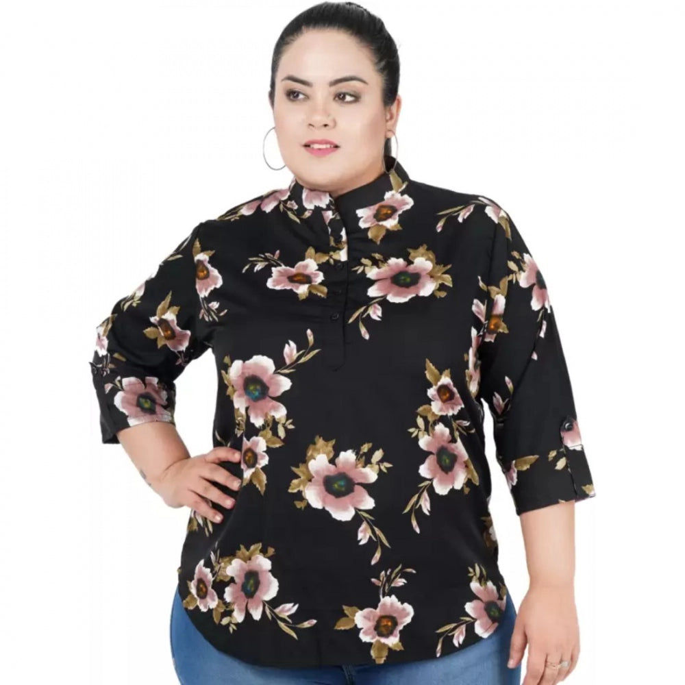 Amfyn Women's Casual Three Fourth Sleeve Printed Black Top (Color:Black, Material:Poly Crepe)