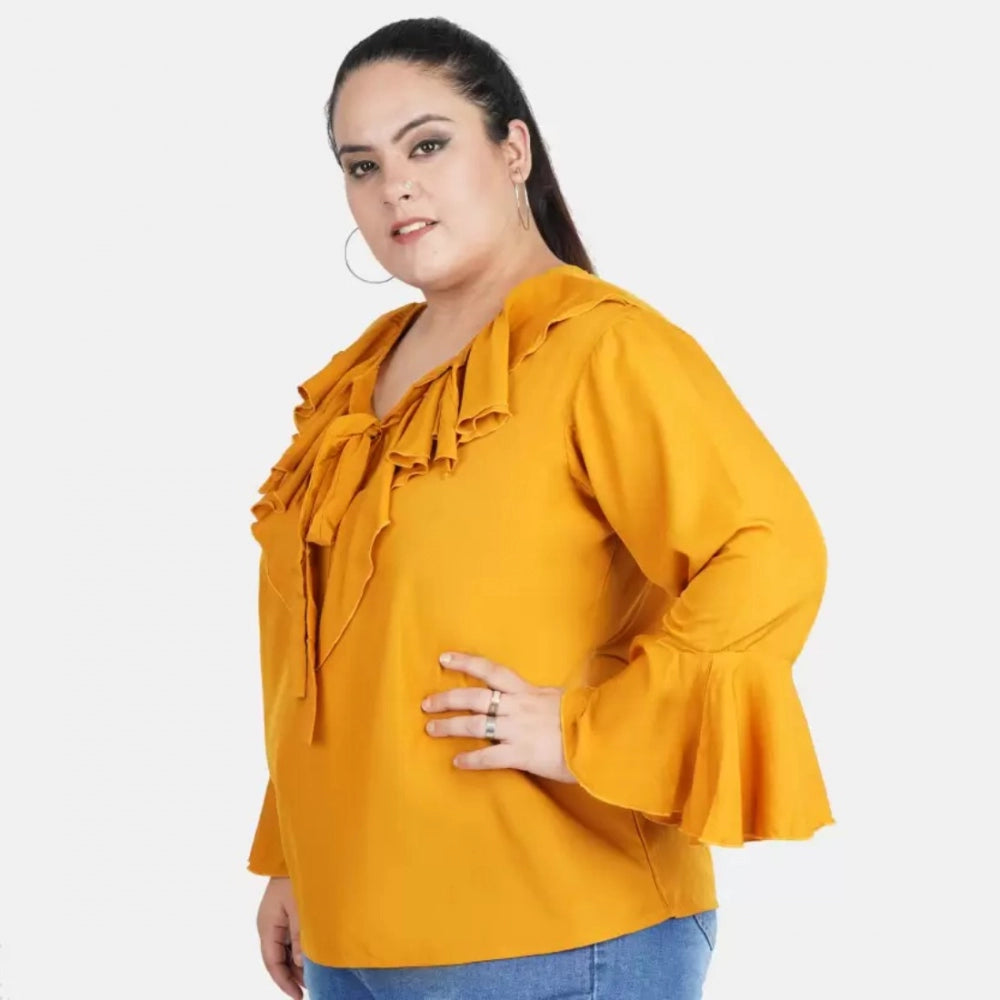 Amfyn Women's Casual Bell Sleeve Solid Yellow Top (Color:Yellow, Material:Georgette)