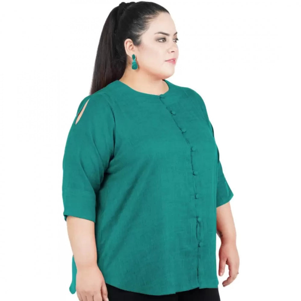 Amfyn Women's Casual Solid Green Top (Color:Green, Material:Cotton Linen Blend)