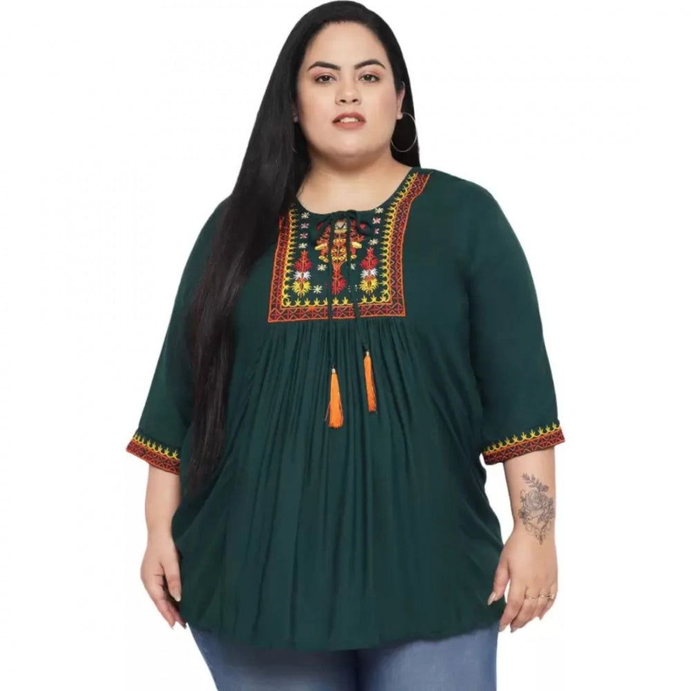 Amfyn Women's Casual Embroidered Dark Green Top (Color:Dark Green, Material:Rayon)