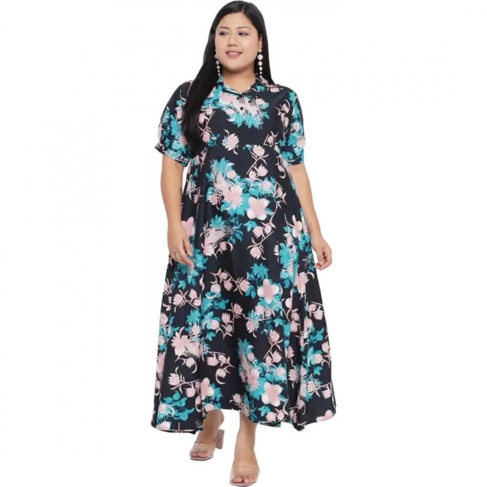 Amfyn Women's Fit And Flare Green Dress (Color:Navy Blue, Material:Polyester)