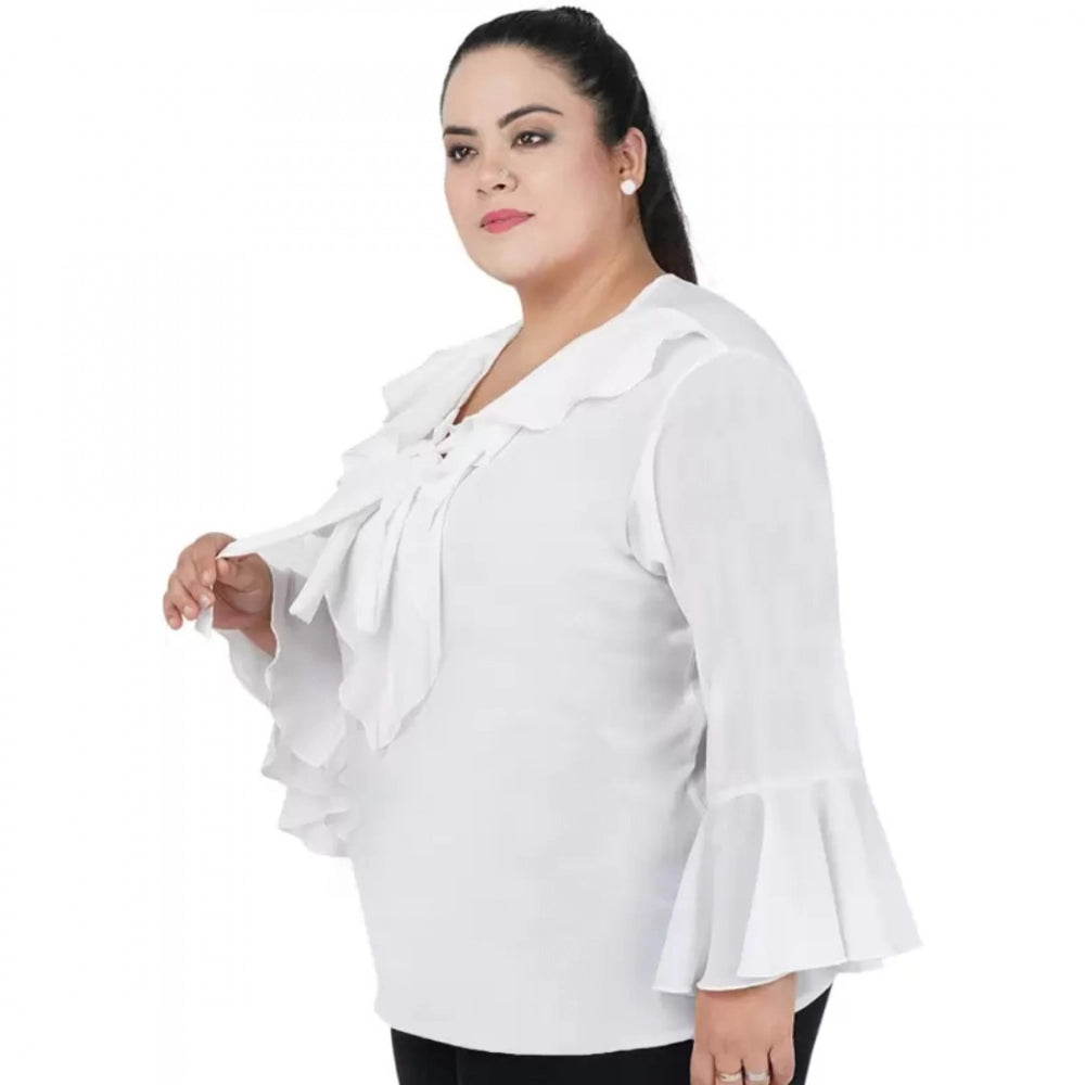 Amfyn Women's Casual Bell Sleeve Solid White Top (Color:White, Material:Georgette)