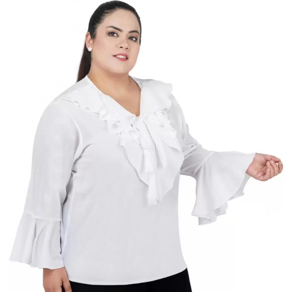 Amfyn Women's Casual Bell Sleeve Solid White Top (Color:White, Material:Georgette)