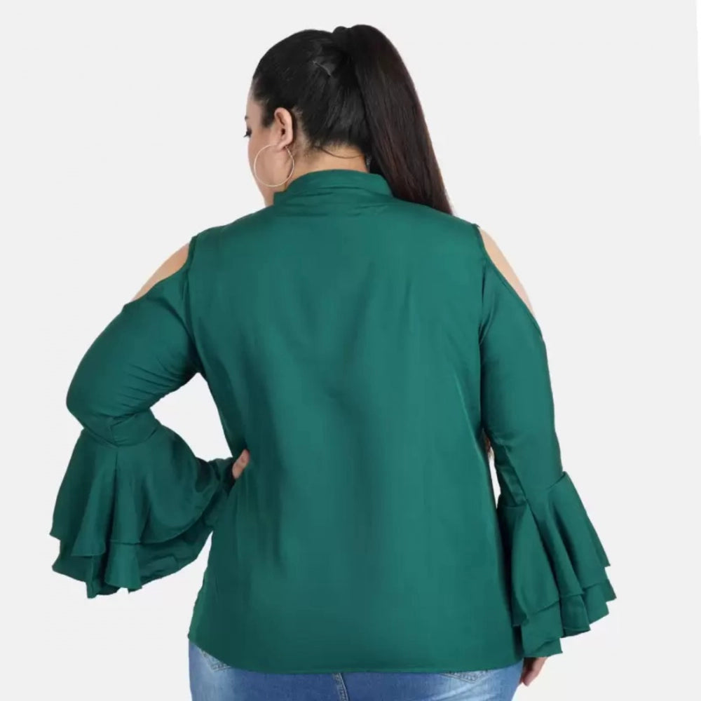 Amfyn Women's Casual Bell Sleeve Solid Green Top (Color:Green, Material:Crepe)