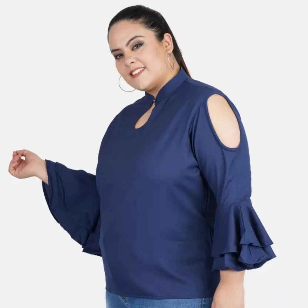 Amfyn Women's Casual Bell Sleeve Solid Blue Top (Color:Blue, Material:Crepe)