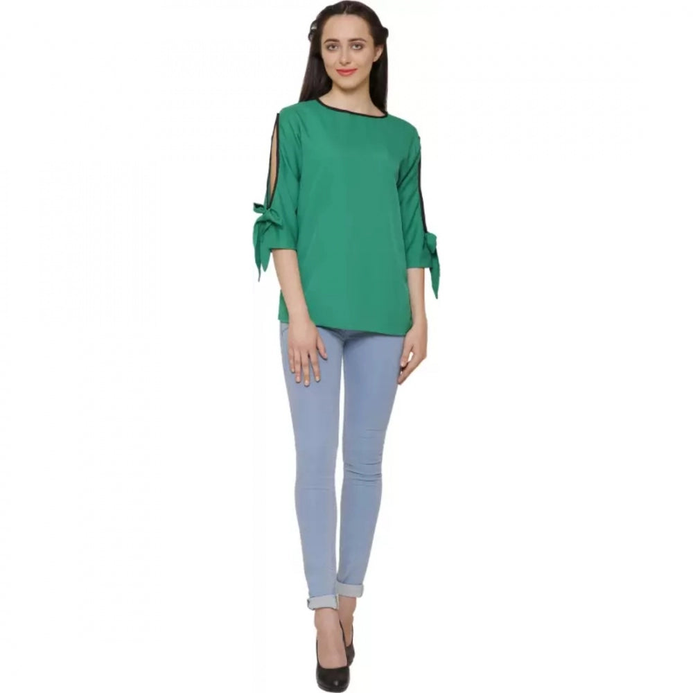 Amfyn Women's Casual Slit Sleeve Solid Green Top (Color:Green, Material:Poly Crepe)